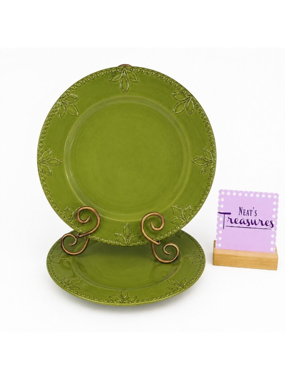 Signature SORRENTO OREGANO Green Debby Segura Leave Stoneware Dinner Plate Set 2
